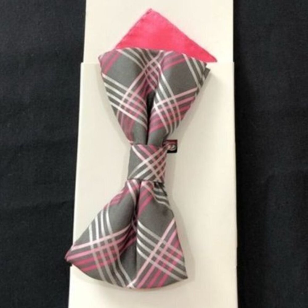 Billy London Bow Tie & Pocket Square Gray Pink White Plaid 'Warrick Plaid" New
